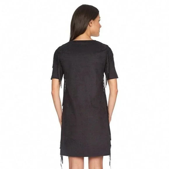 1. State Dress Fringe Black Faux Suede Shift Southwestern Boho Mini - Picture 7 of 8